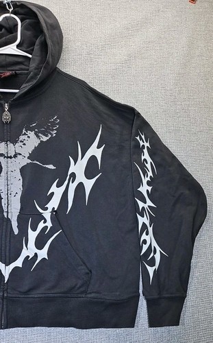 Y2K Vitriol Zip Up Hoodie Men's Size XL Black Distressed Angel Tribal Oversized - Picture 3 of 18