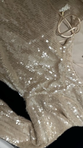 Disco Party- Cream Iridescent Sequined Bell Sleeve Dress Juniors M Vanilla Retro - Picture 17 of 18