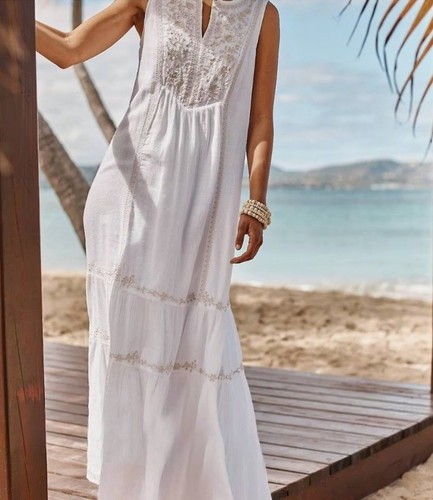 Maxi Vestido J.Jill Capri Blanco Bordado Y Cuentas Gasa M Sin Mangas - Imagen 9 de 9
