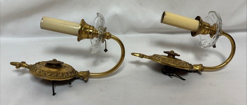 Antica coppia applique da parete candela ottone neoclassica vintage luce cristallo Bobeche A - Foto 7 di 15