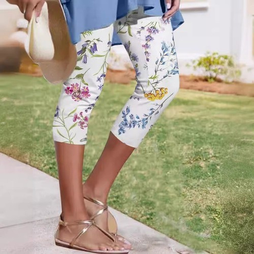 Ladies Leggings Casual Floral Print Stretch Capri 3/4 Summer Pants Trousers SIZE - Picture 4 of 9