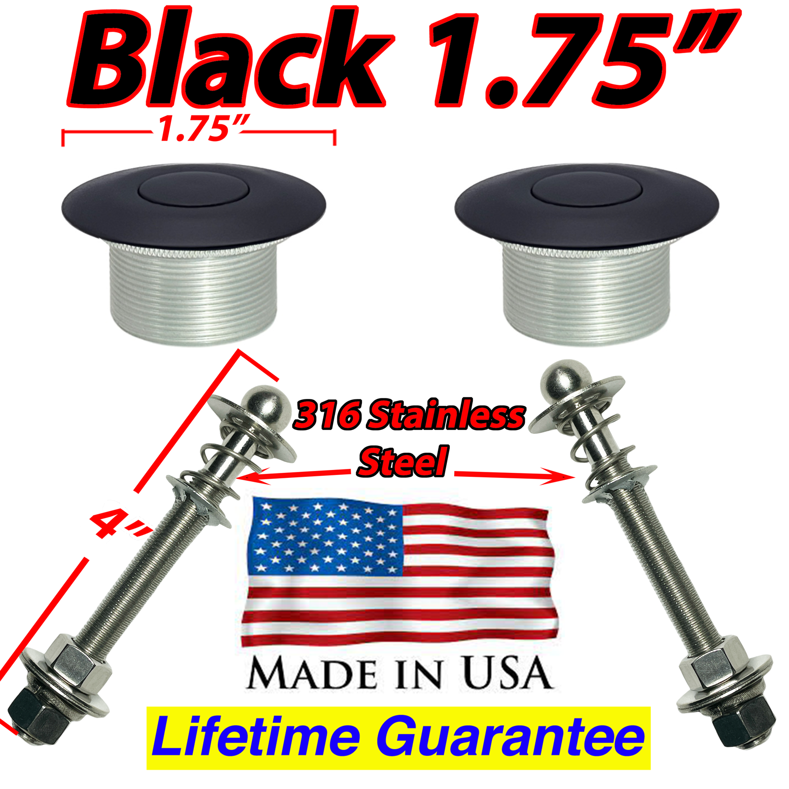 New 1.75" Black Pair Quick Latch Hood Pins Hood Push Button Latches