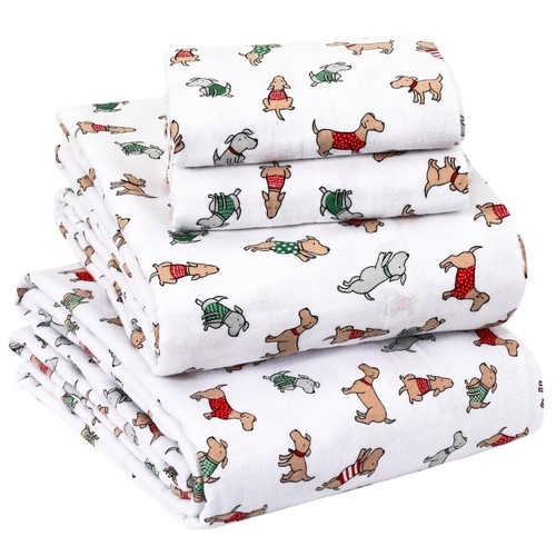 100% Cotton Flannel Sheet Set Printed Fitted, Flat, Sheets With Pillowcases - Picture 18 of 312