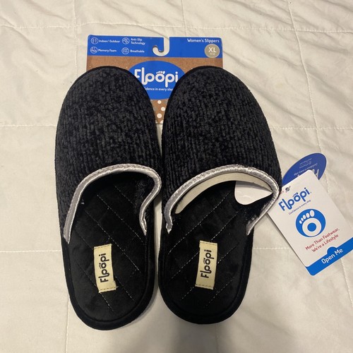 New Floopi Womens Indoor Outdoor Lined Slippers Memory Foam Black XL (11-12) 362 - Picture 1 of 9