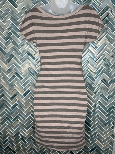 SUNDRY GRAY STRIPED RUCHED SIDES SHORT SLEEVE KNIT STRETCH T-SHIRT DRESS SM 1 - Picture 6 of 11