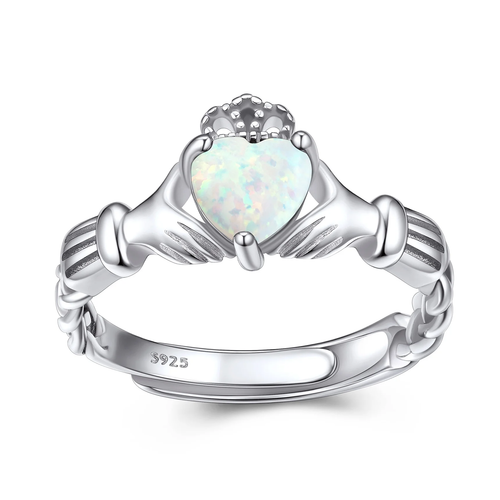 Women Sterling Silver Claddagh Ring with Opal Birthstone Adjustable Solitaire Ge - Picture 12 of 12