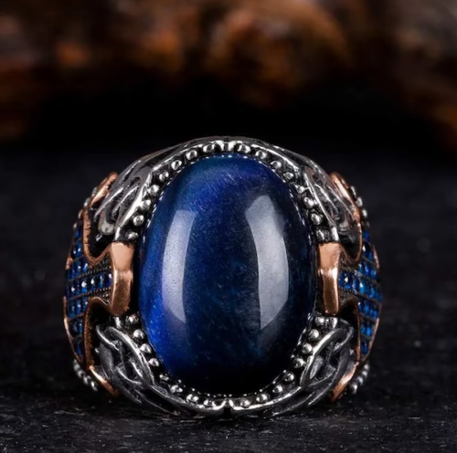 Blue Tigers Eye Stone Handmade 925 Sterling Silver jewelry Gift Men's Ring 002 - Picture 2 of 7