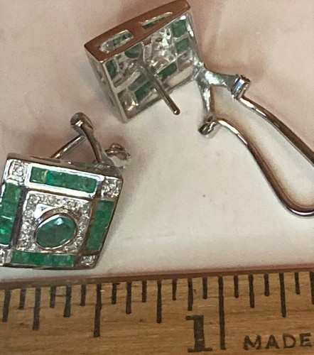 14K White Gold Earring Emerald & Diamond 1/2" W Omega Back Beauty - Picture 3 of 7