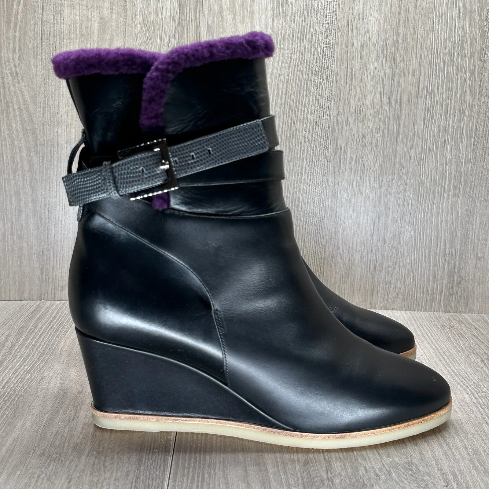 Stivaletto Fendi donna taglia 38 5 viola pelliccia sintetica orlo pelle punta tonda zeppa nero