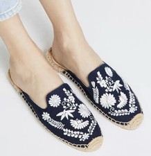 Soludos Blue White Floral Embroidered Flat Espadrilles Slip On US Womens 6.5