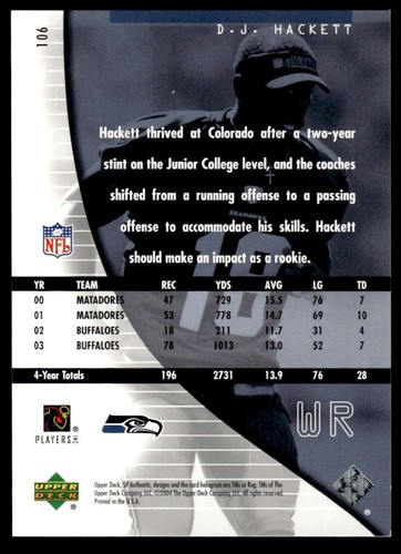 2004 SP Authentic D.J. Hackett Rookie 0828/1199 Seattle Seahawks #106 R110 - Picture 2 of 2