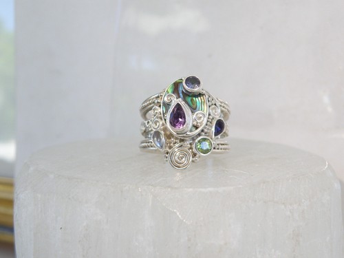 Sajen Sterling Silver 925 Chunky Gemstone Abalone Adjustable Ring 10 - Picture 22 of 24