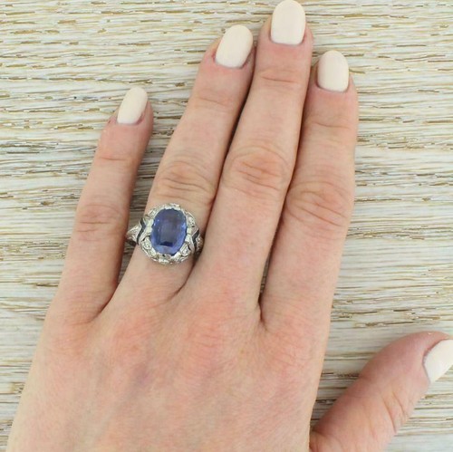Art Deco Solitär Ehering 5 Karat Ceylon blau Kissenschliff Saphir um 1925 - Bild 5 von 6