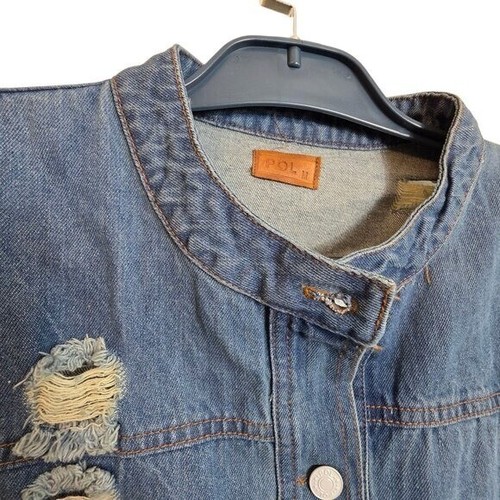 Pol Women's Denim jacket Distressed Oversized Pockets Long Sleeves Blue Medium - Picture 4 of 24