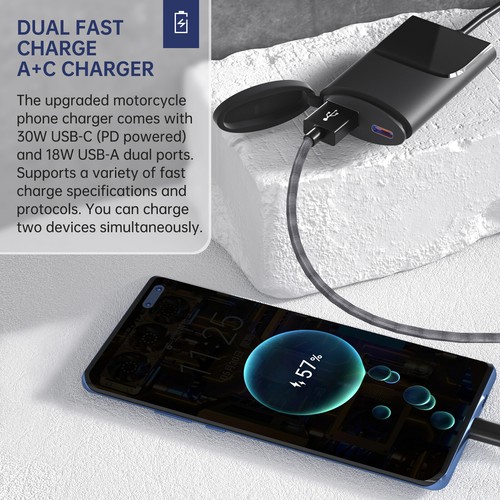 12-24V Motorcycle Handlebar Charging Adapter PD+QC3.0 Dual USB Port Fast Charger - Picture 18 of 22