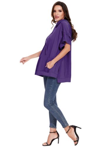 Oversized Short Sleeve Hoodie Side Slits Pullover Sweater Top - Picture 81 of 110