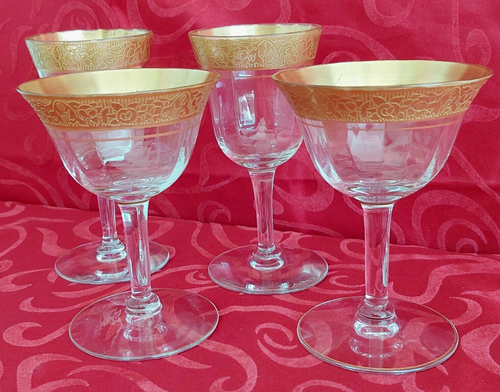Vintage Kristall Cordial Likör Gläser 4er Set mit Gold gerollten Rändern