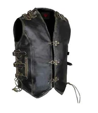 Men's Heavy Buckle Fish Hook Motorcycle Black Leather Vest Concealed Carry