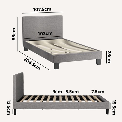 Bed Frame Queen Double King Single Size Wooden Slats Grey Linen Fabric Furniture - Picture 11 of 31