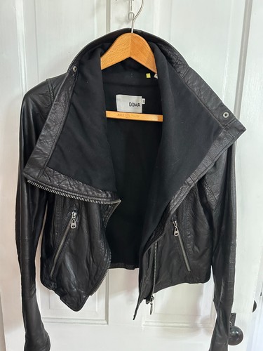 Doma Asymmetrical Zipper Black Leather Moto Biker Cropped Jacket Small - Picture 2 of 6