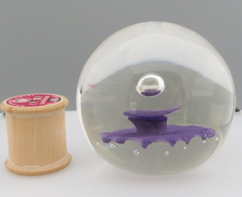 Unsigned Abstract Glass Paperweight, Clear Planet/Bubble above Purple Base 7.3cm - Picture 9 of 12