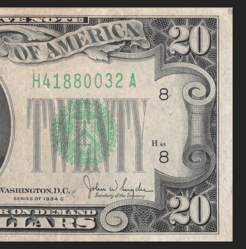 1934 C St louis Twenty Dollar Bill H41880032A Back Plate H49 611 - Picture 6 of 11