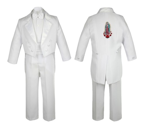 Baby Boy Baptism Formal White Tail Suit Gold Guadalupe Virgin Mary On Back SM-20 - Picture 9 of 20