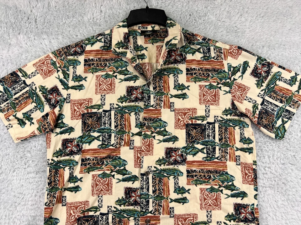 Camisa Hawaiana Royal Creations Para Hombre Grande Beige Deportiva Patrón de Peces 100% Algodón Foto 4 de 4