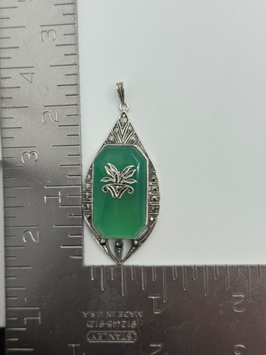 Vintage Art Deco Germany Sterling Silver Chrysoprase Marcasite Pendant READ - Picture 7 of 9