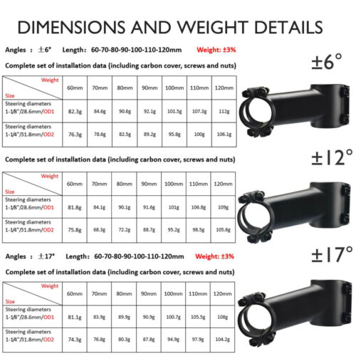 Road / Mountain Bike Carbon Stem 6° 12° 17° 60-120mm Fork Clamp Diameter 31.8mm - Picture 3 of 48
