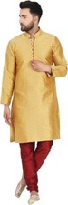 Indian Men's Gold Art Silk Kurta Pyjama Pakistani Ethnic 2 Piece Set For Eid