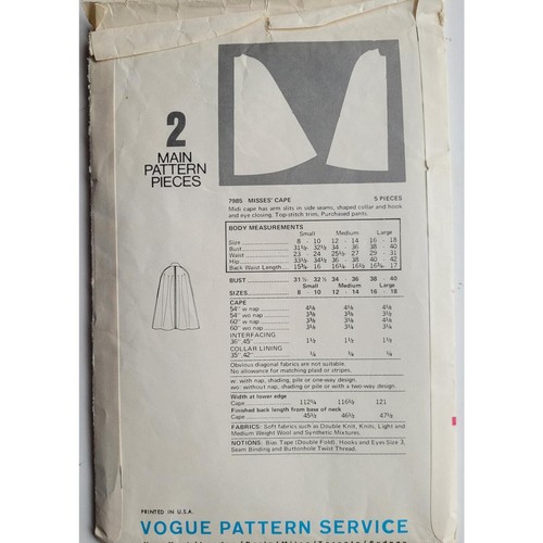 Vogue 7985 sehr einfaches Schnittmuster für Midi Cape Büste 34 bis 36" 70er Jahre G - Bild 5 von 5