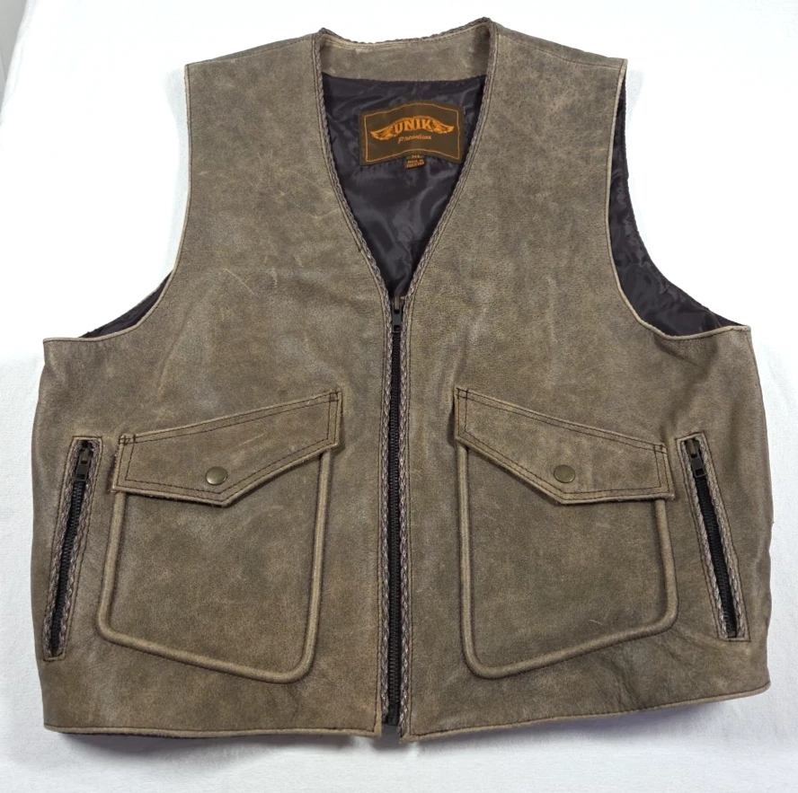 UNIKLeather VEST Rough Sz XL Motorcycle Rocker SIDE Adjust Brown Pockets 0409