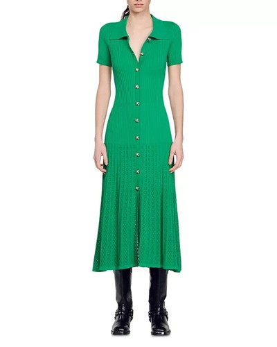 Magasin Robe côtelée femme Sandro manches 1/4 boutonnée devant col V vert lorel taille 36