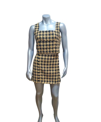 House of Harlow 1960 hellbraun/schwarz Hahnentritt Tweed bauchfreies Oberteil & Rock Set Größe L neu mit Etikett - Bild 1 von 6