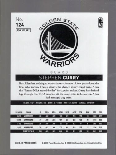 2013-14 Hoops #124 Stephen Curry - Picture 2 of 2