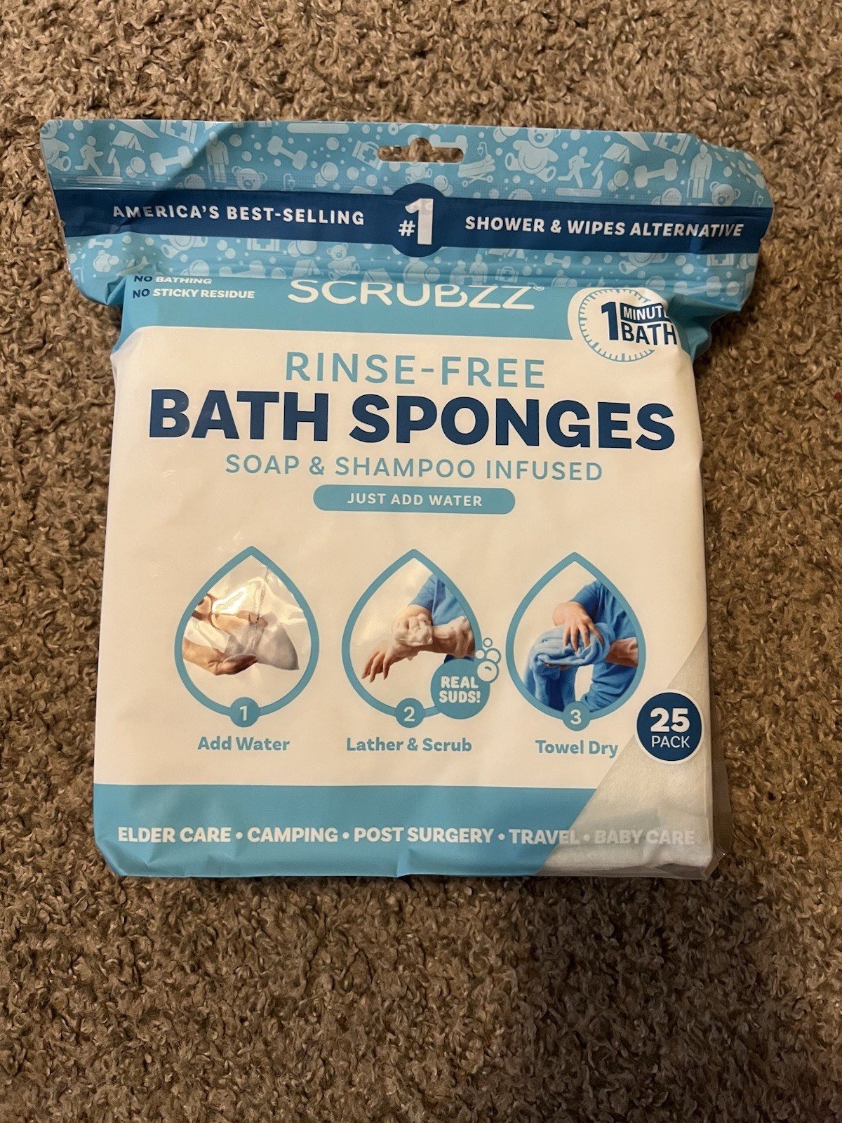 New Scrubzz Rinse Free Soap & Shampoo Infused Disposable Bath Sponges  25 Pack