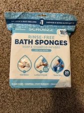 New Scrubzz Rinse Free Soap & Shampoo Infused Disposable Bath Sponges  25 Pack
