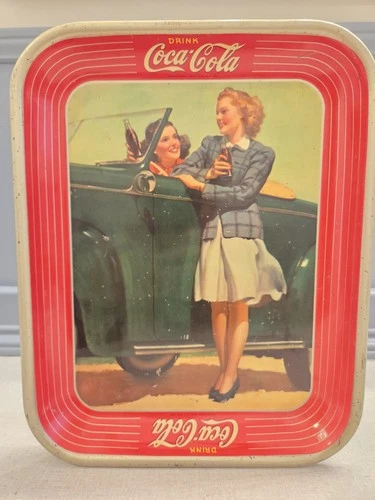 Antique Coca-Cola Serving Tray Two Girls and Roadster 1942 Vintage Metal Coke