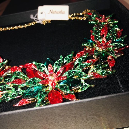 Gorgeous Statement Necklace - Crystal Rhinestone Poinsettias, Red & Green, NWT - Picture 3 of 14
