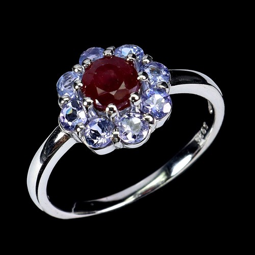 Summer 925 Sterling Silver Ring Round Ruby Tanzanite Natural Gemstone Flower Siz - Picture 2 of 14