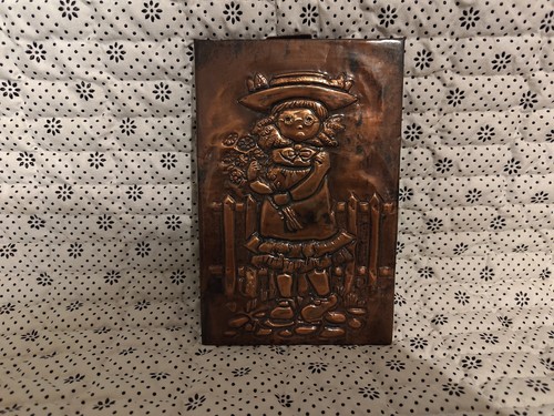 Vintage Folk Art Copper Artwork Hanging Plaque - Girl Holding Flowers - Picture 1 of 1