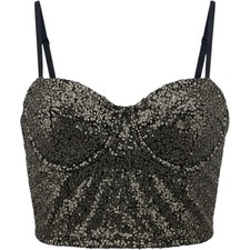 Windsor Gold Sequin Bustier Crop Top Black Smocked Back Adjustable Straps Medium