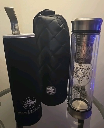 Glass Tea Infuser Bottle w/ Travel Sleeve Black Sacred Lotus 14oz Double Wall - Picture 5 of 5