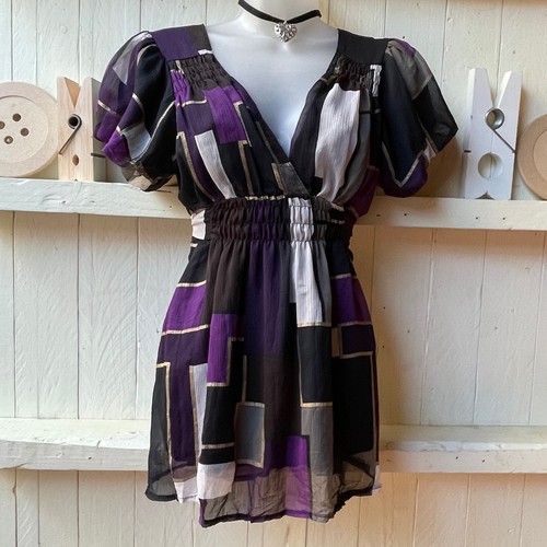 90s Y2k Vintage MORGAN DE TOI Retro Geo Print Sheer Style Tunic Top Purple - Picture 3 of 11