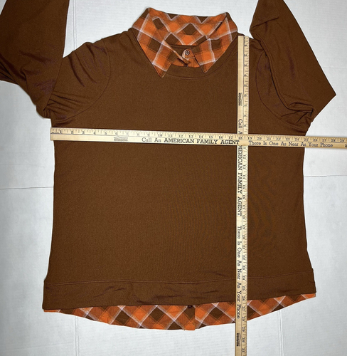 Denim & Co. French Terry 2Fer Top Printed Shirt Collar & Hem Orange Size XLFall - Picture 8 of 11