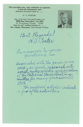 H.V. PORTER signed ALS letter BASKETBALL HOF