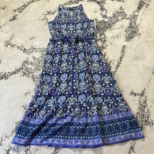Talbots Dress Womens Sz 10 Blue Maxi Floret Medallion Sleeveless Floral Tie Boho