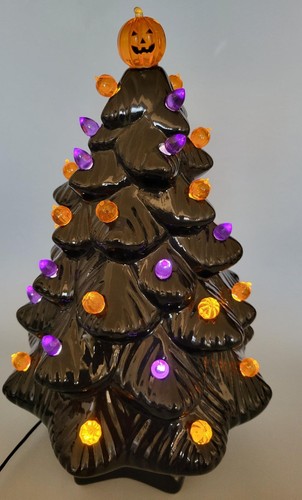 Halloween Tree Black Ceramic w Removeable Bright LED Bulbs 14" w Box Pumpkin Top - Picture 3 of 6