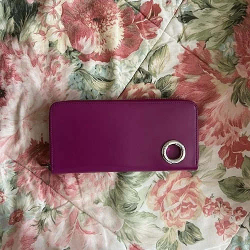 Baldinini Magenta Purple Leather Zip Around Wallet with Silver Ring Detail - product listing photo
